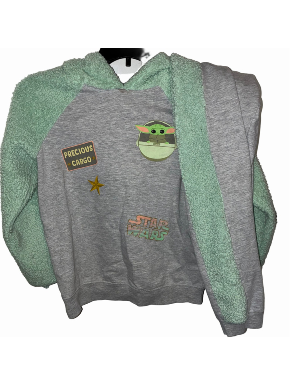 Girls Star Wars Grogu Hoodie Set Size L Grey Green Sherpa Sweatshirt Pants